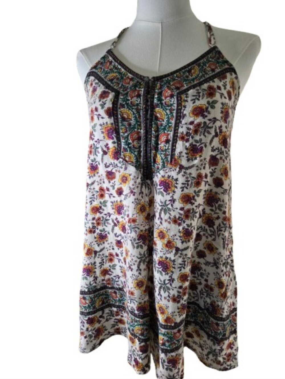 AEO Floral Halter Tank Top Cream Purple Yellow Boho Small American Eagle